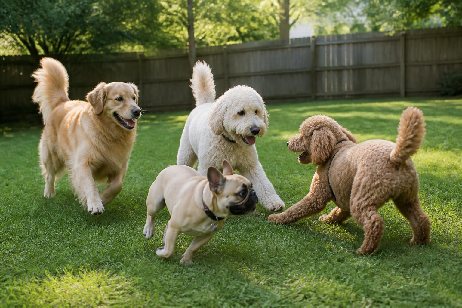 Happy dogs running in a private dog park
